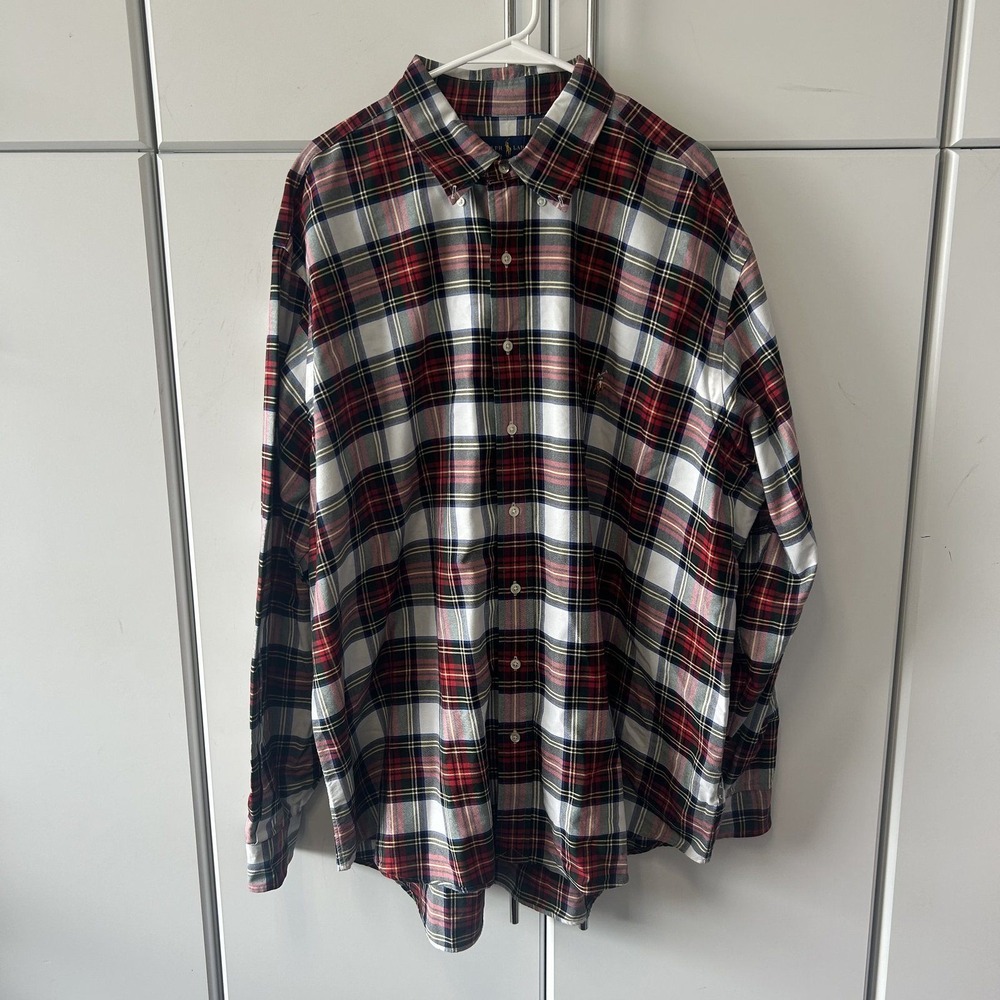 Ralph Lauren Mens 2XB Big Plaid Button Down Shirt Red White Blue Long Sleeve